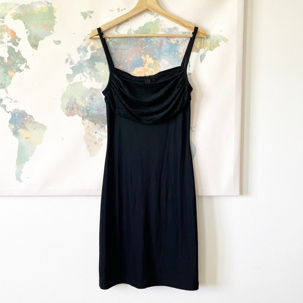VTG Jessica McClintock Dress Sz 5 Juniors Black Bodycon Glittery Cowl Neck LBD